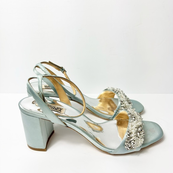 BADGLEY MISCHKA CLARA WOMEN SANDAL HEELS SATIN BLUE SIZE 10 - Picture 1 of 9